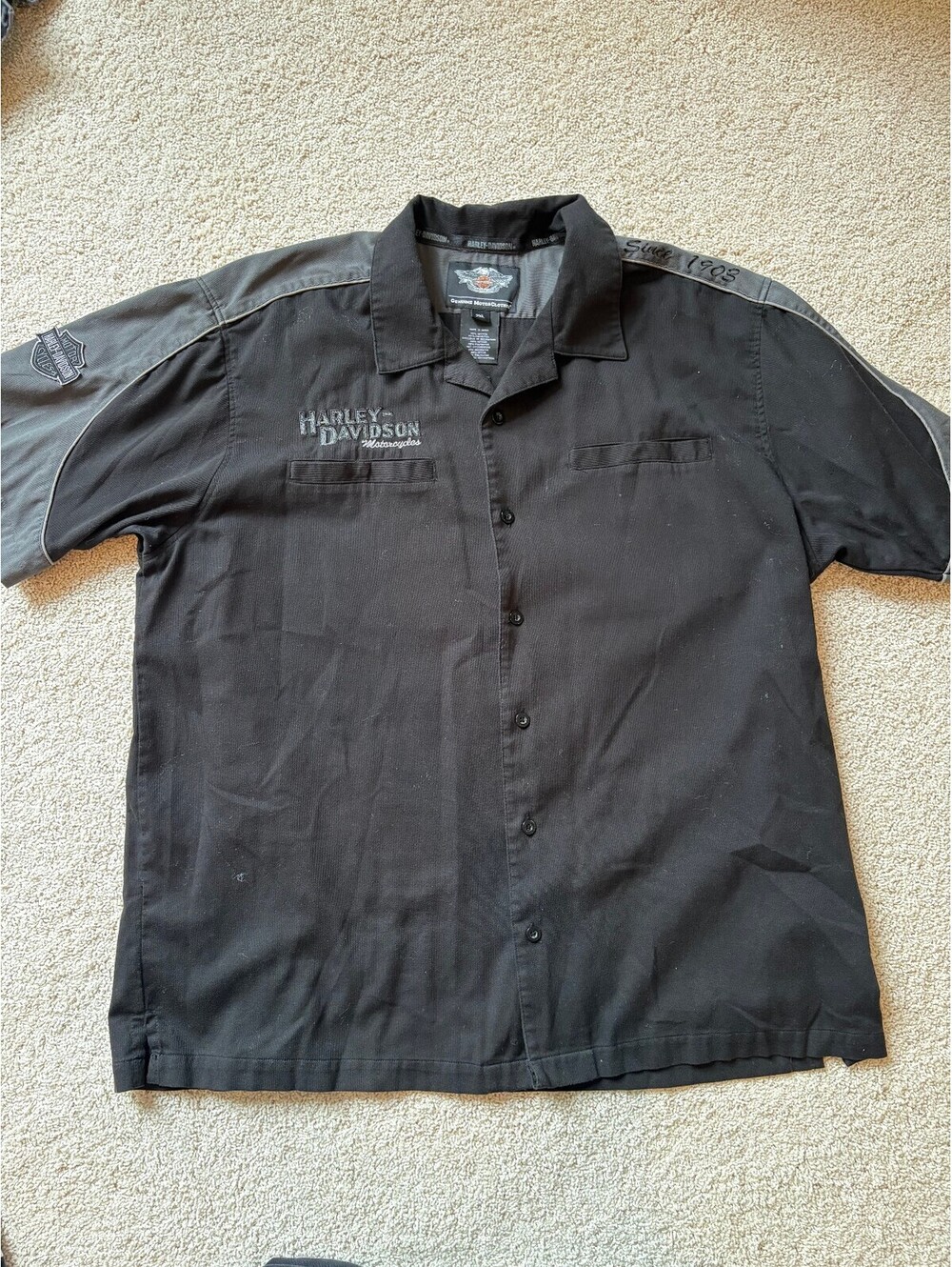 Harley Davidson MotorClothes 2XL Shirt Black Gray Embroidered Biker Button Up